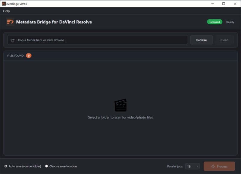 Screenshot of the evBridge v0.9.6 software interface, showing options to browse or drop a folder for scanning video/photo files, with “Auto save” and “Choose save location” options at the bottom.