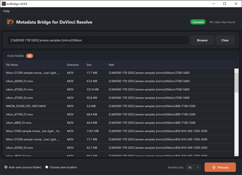 Screenshot of the Evbridge app showing a list of MOV video files from a Nikon camera on a Z: drive, with options to filter, choose save location, and process files. The interface is dark-themed with file details displayed.