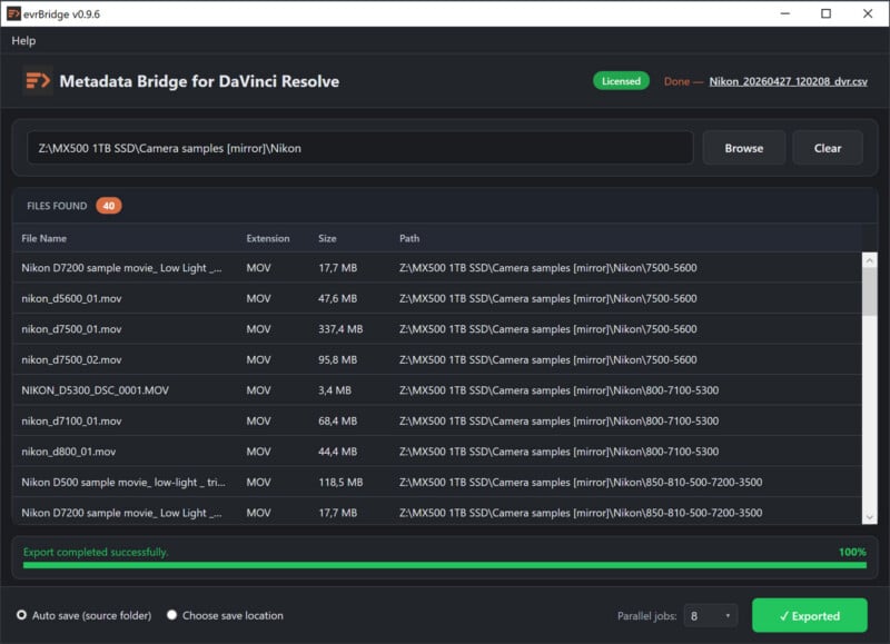 Screenshot of the "evBridge" software showing a list of MOV files exported from a Nikon camera. The export status bar at the bottom indicates "Export completed successfully" at 100%.