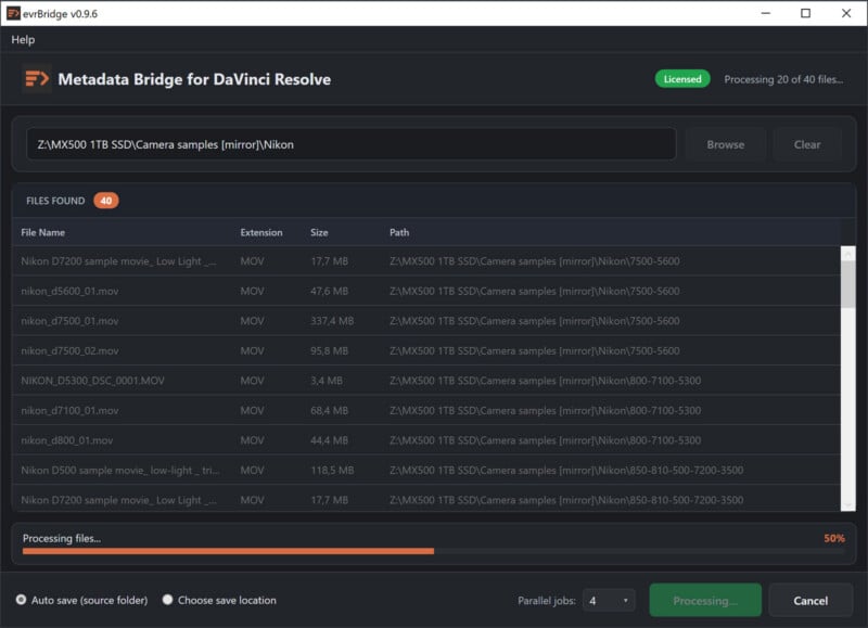 Screenshot of the Metadata Bridge for DaVinci Resolve application. It displays a list of MOV files from a Nikon camera, file details, the selected drive, and a processing bar at 50% completion.