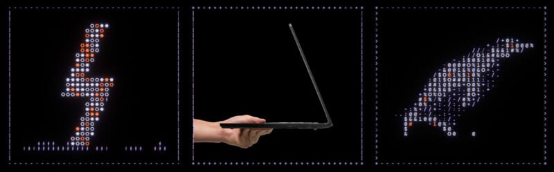 A hand holds an open laptop in the center. On the left, a lightning bolt is formed from digital symbols. On the right, a rocket shape is made from binary code, all on a black background.