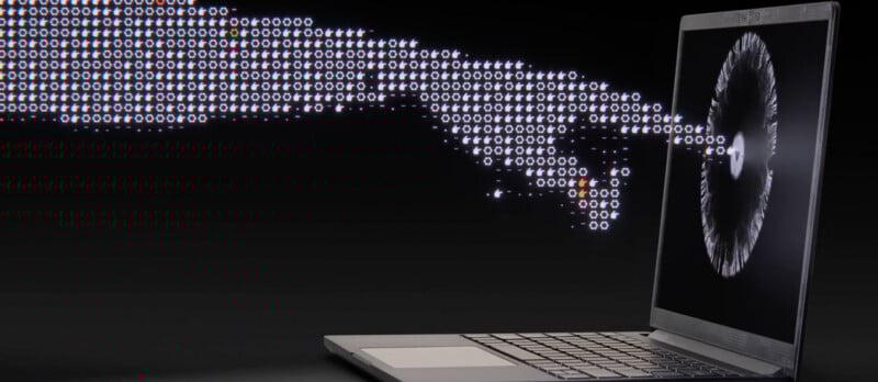 A digital hand made of binary code reaches out from a laptop screen, touching a circular pattern of code on the display, symbolizing digital interaction or artificial intelligence.