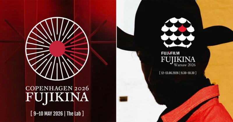 Imagen dividida: el logotipo circular rojo, blanco y negro de FUJIKINA Copenhagen 2026 se muestra a la izquierda. Hay un hombre con un sombrero de vaquero parcialmente visible a la derecha, con el logotipo de FUJIKINA Varsovia 2026 encima del texto.