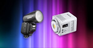 Two types of photography lights—a Godox speedlight flash and a small white LED video light—are displayed against a vibrant gradient background of blue, purple, and pink.