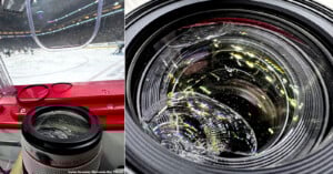 A hockey game seen through a stadium glass barrier, with a broken camera lens in the foreground. The close-up on the right shows cracks and sparkles in the damaged glass of the camera lens.