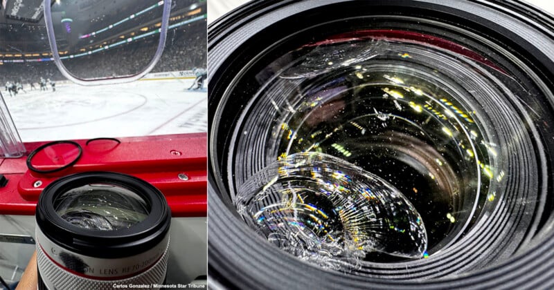 A hockey game seen through a stadium glass barrier, with a broken camera lens in the foreground. The close-up on the right shows cracks and sparkles in the damaged glass of the camera lens.