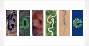 Six vertical panels display aerial views of diverse Earth landscapes: irregular lakes, a bright green crater, a red and brown circular landform, a winding green river, a desert river, and a small green island in blue ocean.