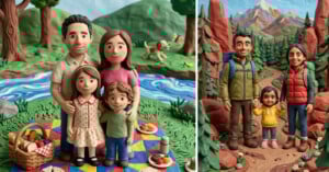 Two claymation-style family scenes: left, a smiling family of four having a picnic by a river; right, the same family dressed for hiking, standing together on a mountain trail with red rocks and pine trees.