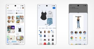 Three smartphone screens display: a photo gallery with pet and clothing images; a shopping app with various clothing items to mix and match; and a virtual fitting room showing an outfit on a mannequin.