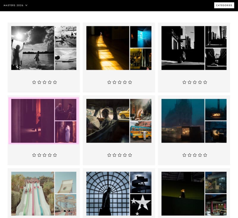 A grid of twelve artistic photographs, each in its own box with a five-star rating system below. The diverse images include people, urban scenes, dramatic lighting, shadows, and abstract compositions.