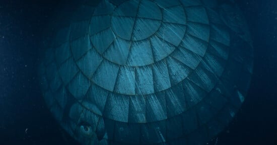 A large turtle seen underwater, showing the textured, patterned surface of its shell and a partially visible head in the bottom left corner, surrounded by dark blue water.