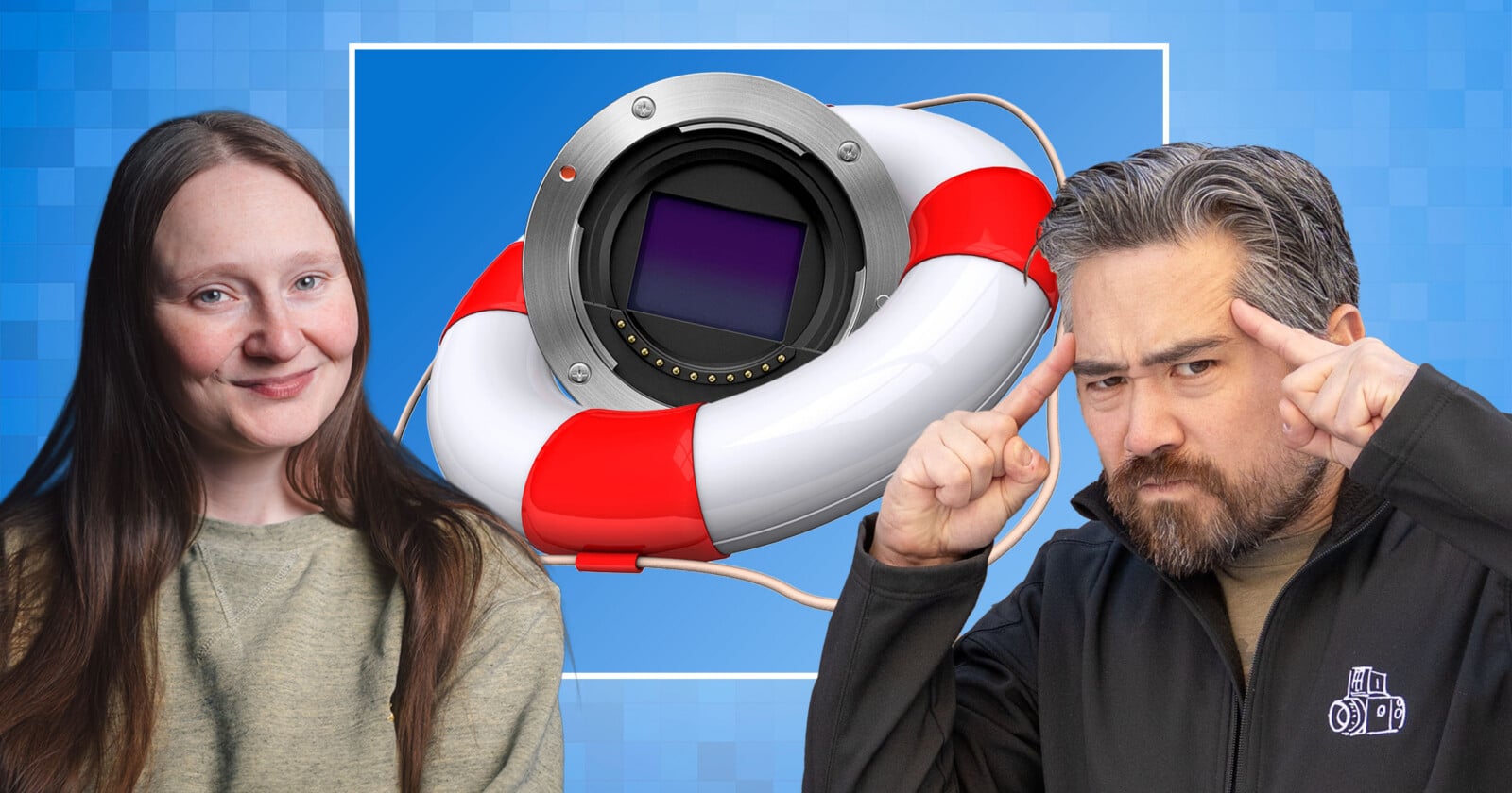 A woman smiling and a man pointing to his head are pictured in front of a graphic showing a camera sensor inside a red and white lifebuoy on a blue, pixel-patterned background.
