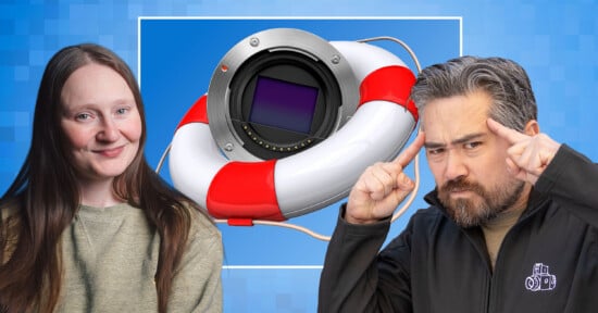 A woman smiling and a man pointing to his head are pictured in front of a graphic showing a camera sensor inside a red and white lifebuoy on a blue, pixel-patterned background.