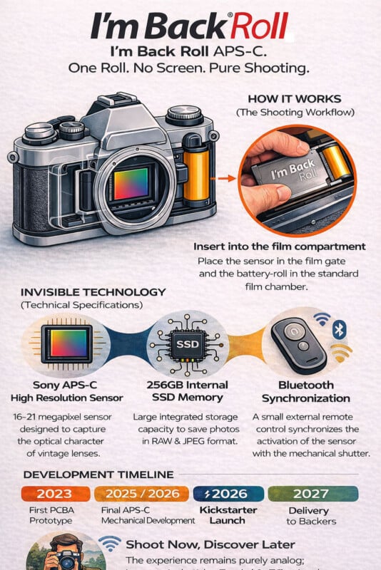 Infographic showing a digital camera, the "I'm Back Roll APS-C," that fits into a film camera for digital shooting. Includes workflow, features like Sony APS-C sensor, SSD, Bluetooth, and a timeline for development and Kickstarter.