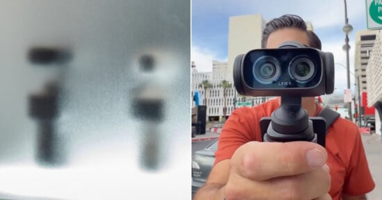 Split image: Left side shows two blurry figures behind frosted glass. Right side shows a person holding a handheld camera device with dual lenses, standing on a city street with buildings in the background.