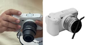A person holds a white digital camera with both hands on the left; on the right is a simplified, stylized illustration of the same camera, viewed from a similar angle.