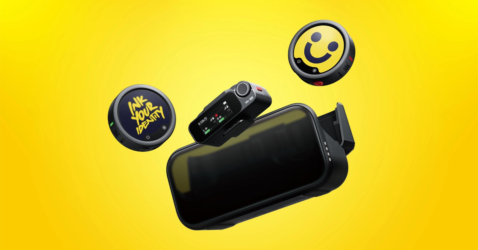 A black digital device with a screen floats against a yellow background, surrounded by two round smiley face buttons and a small rectangular device with a display and red buttons.