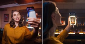 A woman in a yellow shirt smiles and takes a selfie in a bar. The split image shows her holding a smartphone; the second view displays her smiling photo on the phone screen. Bottles and snacks are visible in the background.