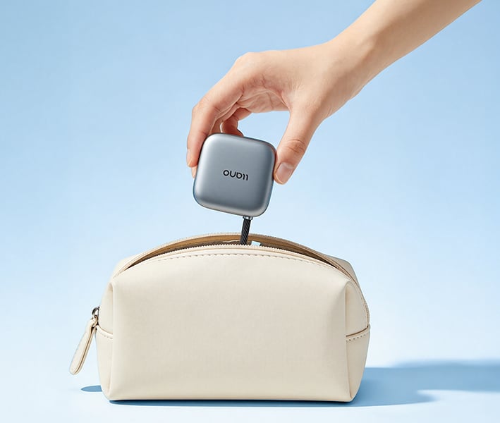 A hand places a small, square, gray electronic device labeled "OUDI" into a beige zippered pouch against a light blue background.
