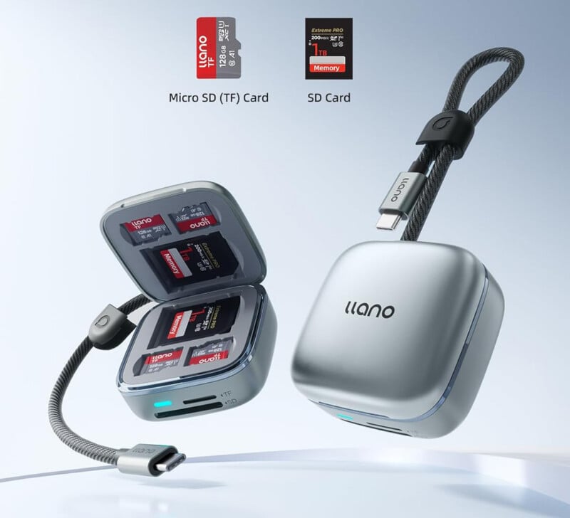 A compact silver llano card reader with a braided cable and USB-C connector is shown open, holding multiple SD and microSD cards, with icons labeling SD and microSD (TF) cards above it.