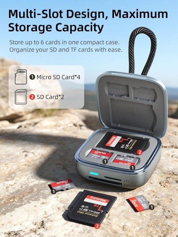 A compact storage case for memory cards is open on a rock, displaying slots for 4 microSD cards and 2 SD cards, with cards labeled and organized inside. Text highlights multi-slot design and maximum storage capacity.