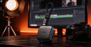 A llano portable device with a braided cable stands on a dark marble desk, in front of a camera, a computer monitor displaying a video editing timeline, and studio lighting, all under warm ambient lighting.