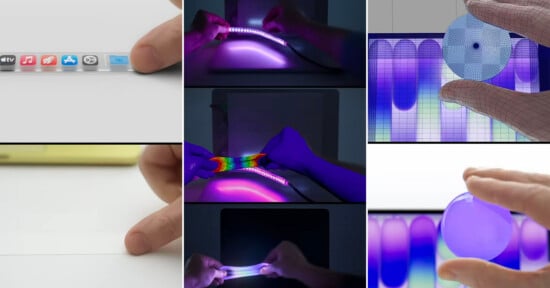 A collage showing flexible screens, glowing strips being stretched, colorful stretchy materials, 3D models of discs, and fingers interacting with touch surfaces. The images highlight innovative, tactile technology and user interaction.