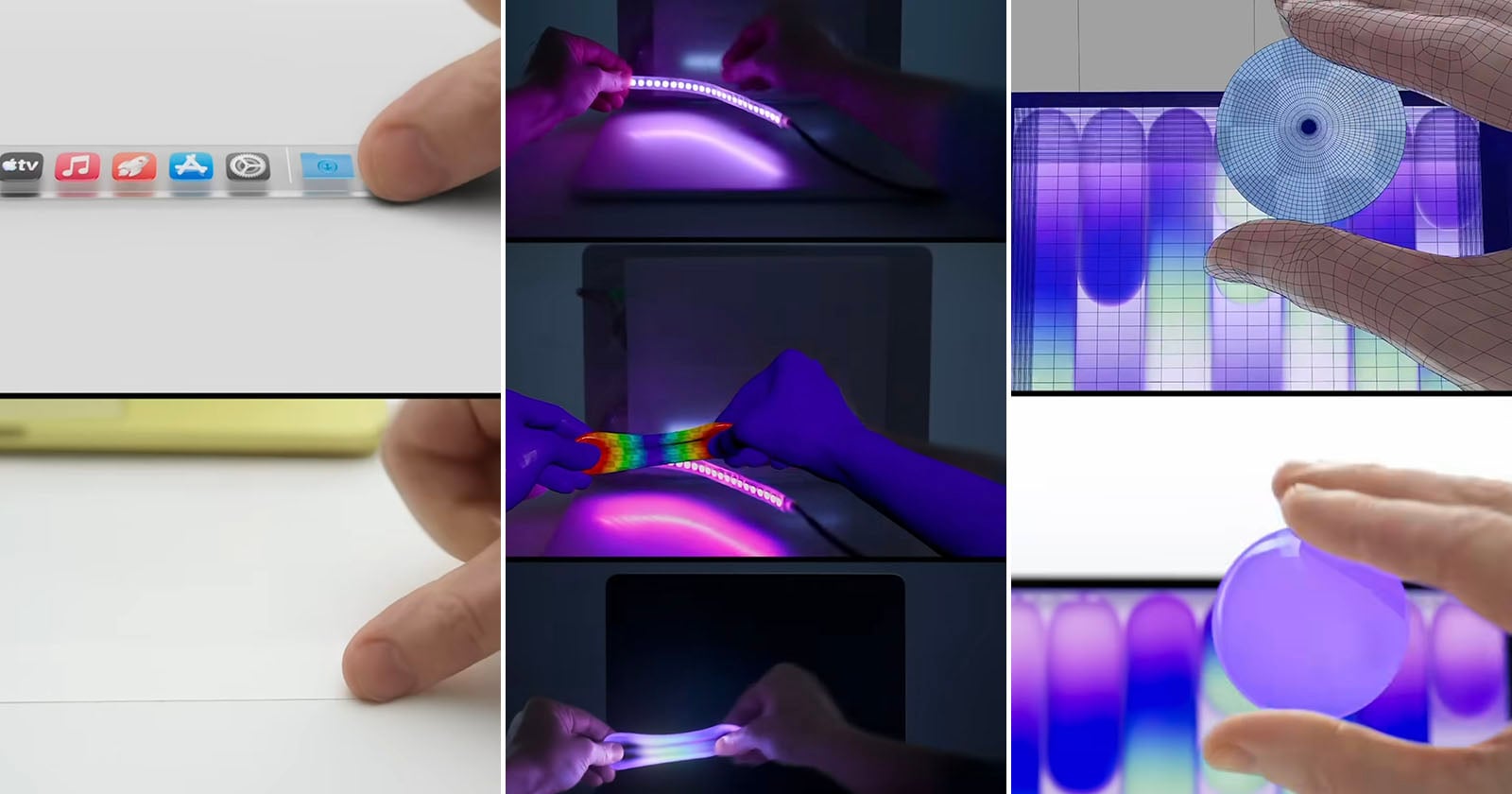 A collage showing flexible screens, glowing strips being stretched, colorful stretchy materials, 3D models of discs, and fingers interacting with touch surfaces. The images highlight innovative, tactile technology and user interaction.
