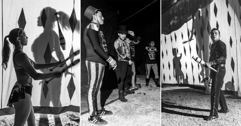 A collage of three black-and-white photos shows circus performers practicing: a woman juggling with shadows behind her, three men preparing backstage, and a man juggling pins in front of a patterned curtain.