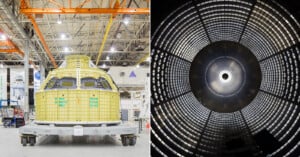 Left: A yellow spacecraft module sits on a platform inside a large industrial facility. Right: Interior view looking up into a cylindrical structure with a circular pattern and metallic panels.