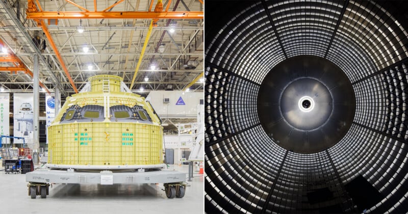  Interior view looking up into a cylindrical structure with a circular pattern and metallic panels.