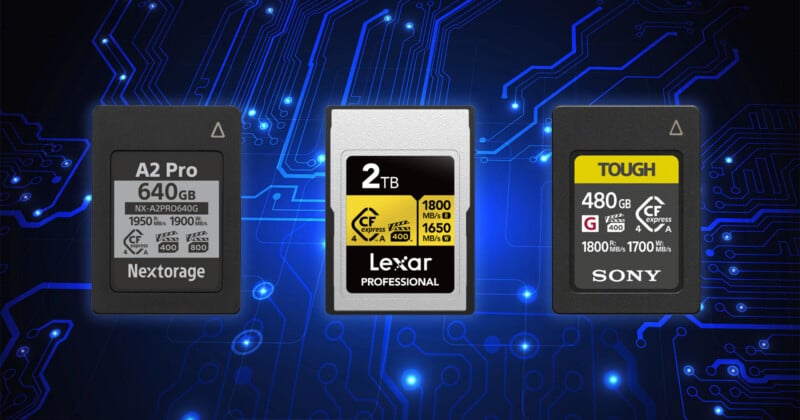 Three memory cards (Nextorage A2 Pro 640GB, Lexar Professional 2TB, Sony Tough 480GB) are displayed against a blue, circuit-themed digital background.
