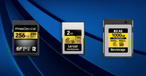 Three memory cards are displayed: a 256GB ProGrade SD card, a 2TB Lexar Professional card, and a 1000GB Nextorage card, each with their respective speeds and specifications shown on their labels, against a blue background.