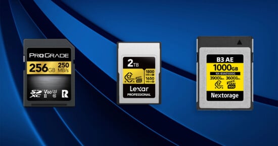 Three memory cards are displayed: a 256GB ProGrade SD card, a 2TB Lexar Professional card, and a 1000GB Nextorage card, each with their respective speeds and specifications shown on their labels, against a blue background.