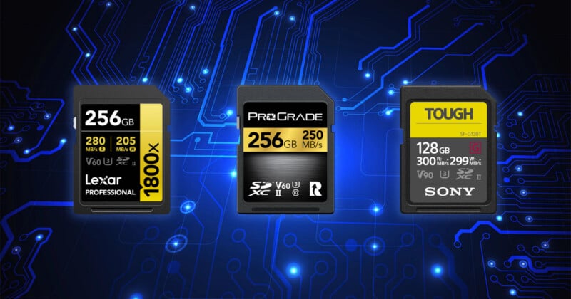 Three SD cards—Lexar 256GB, ProGrade 256GB, and Sony Tough 128GB—are displayed against a blue digital circuit board background, highlighting storage capacities and speeds on each card’s label.