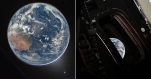 Side-by-side images: left, Earth with visible continents and clouds seen from space; right, Earth viewed through a spacecraft or space station window against a dark background.