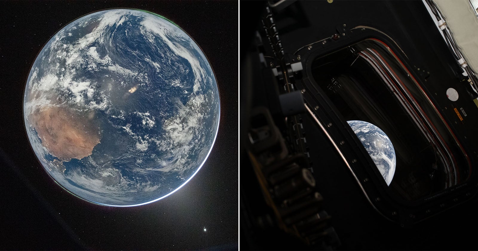 Side-by-side images: left, Earth with visible continents and clouds seen from space; right, Earth viewed through a spacecraft or space station window against a dark background.