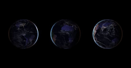 Three views of Earth from space at night, showing illuminated city lights across the continents against a dark background, with North and South America, Africa, and Eurasia visible from left to right.