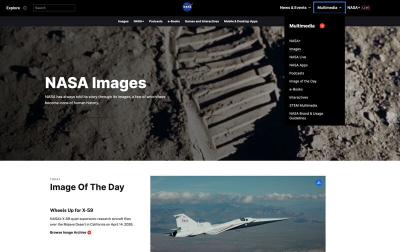 Screenshot of NASA's "Images" webpage. The top shows a black-and-white photo of an astronaut boot print on the Moon, with text: "NASA Images." Below is "Image Of The Day," featuring the X-59 aircraft in flight. A navigation menu is open.