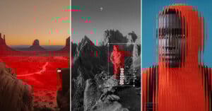 A triptych image: left, a desert landscape tinted red at sunset; center, a person in red stands on rocky mountains, with graphic editing marks; right, a portrait of a person in an orange hood, with a digital glitch effect.