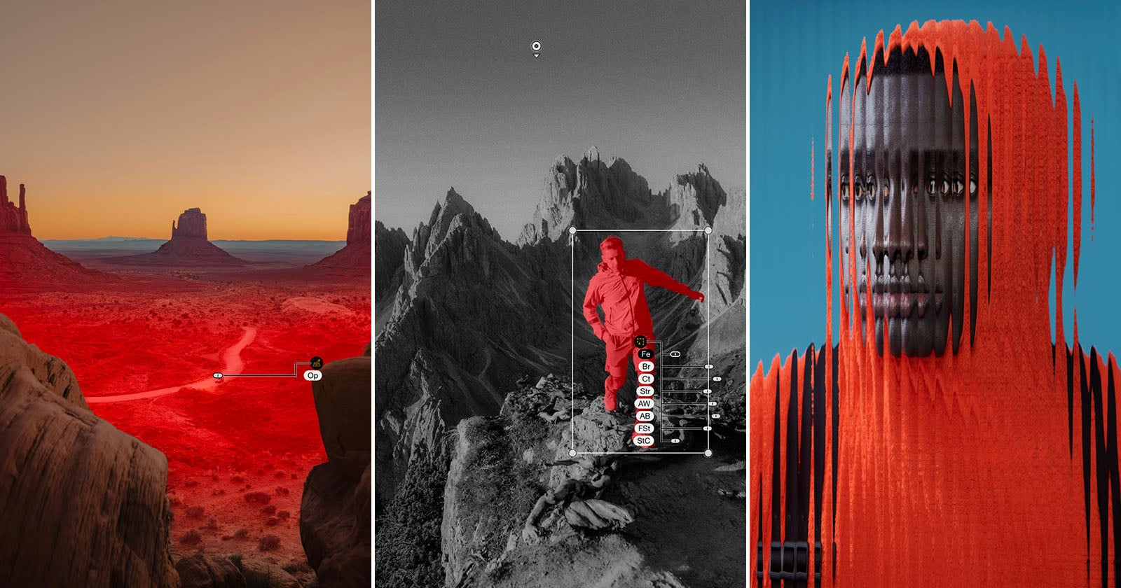 A triptych image: left, a desert landscape tinted red at sunset; center, a person in red stands on rocky mountains, with graphic editing marks; right, a portrait of a person in an orange hood, with a digital glitch effect.