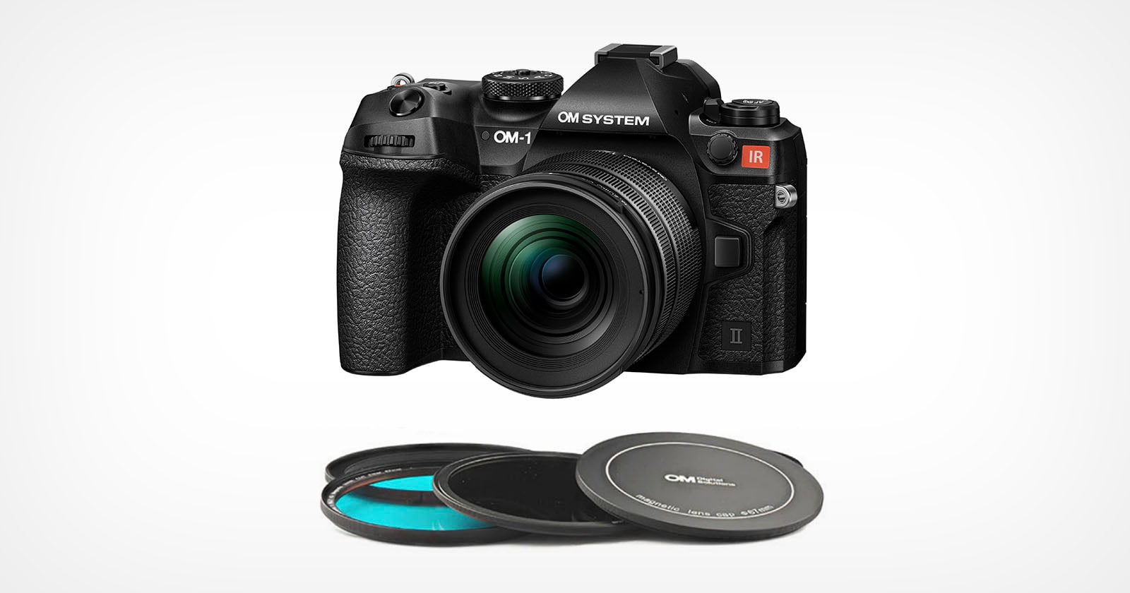 A black OM System OM-1 camera with a large lens is shown above three stacked round camera lens filters with black rims on a white background.