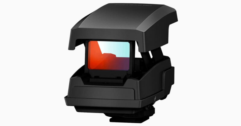 A digital camera accessory with a rectangular tinted lens and a protective black hood, designed to mount on top of a camera.