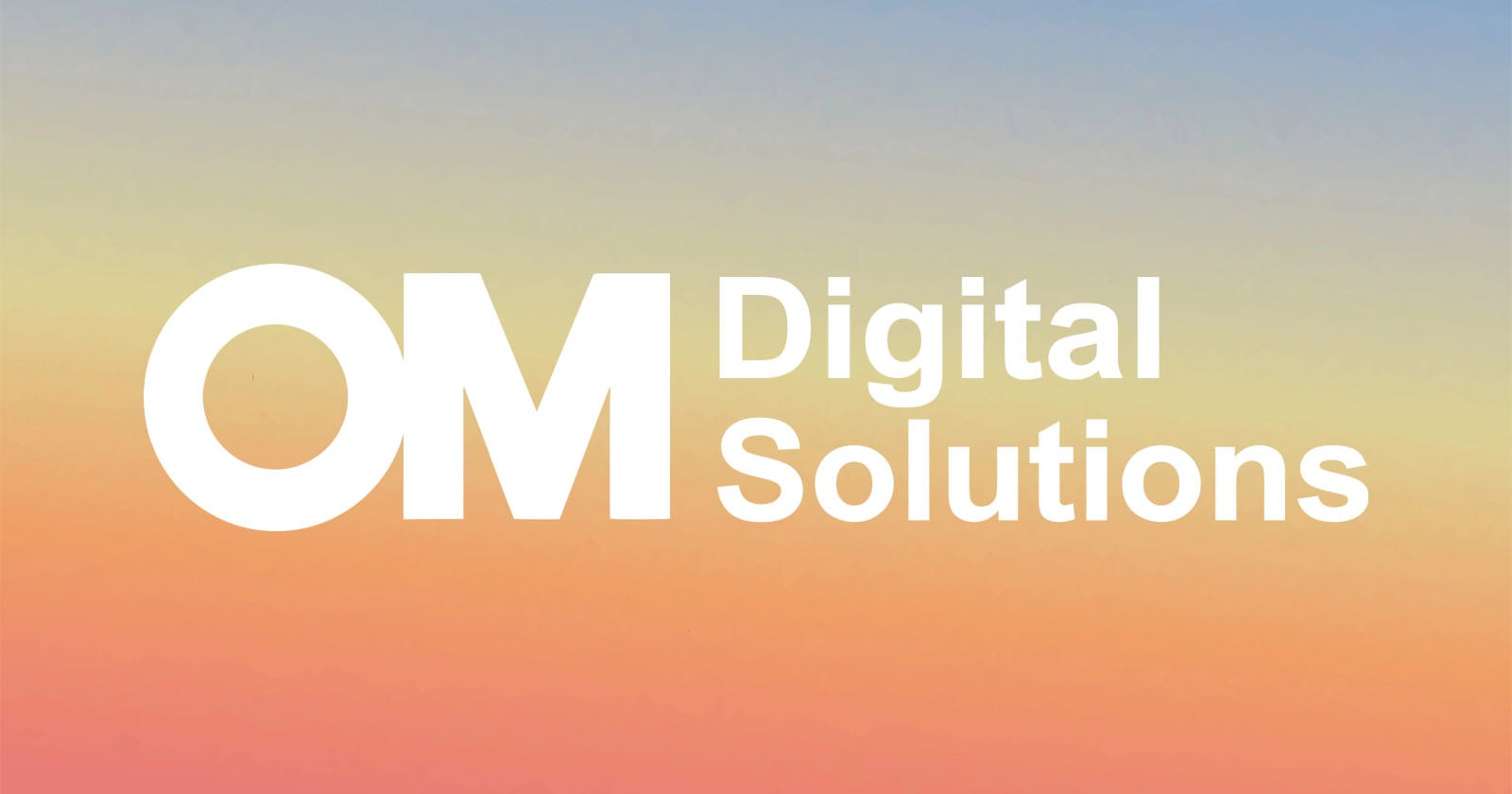 White text reads "OM Digital Solutions" on a gradient background blending blue, yellow, and orange shades.