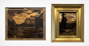 Two framed vintage landscape photographs: the left shows a river with mountains in the background, and the right shows a mountain behind trees, both in decorative gold frames.