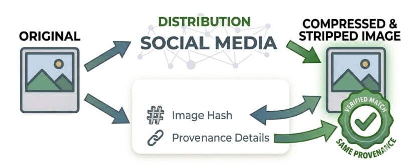 A diagram shows an original image shared on social media, becoming a compressed and stripped image. Arrows indicate the use of image hash and provenance details to verify a match and confirm the same provenance.