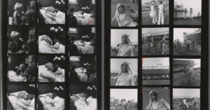 A black-and-white contact sheet shows a series of film stills. The left strip features a person resting in bed, sometimes smiling with flowers nearby. The right strip shows people outdoors, some with bicycles, and wearing costumes or uniforms.