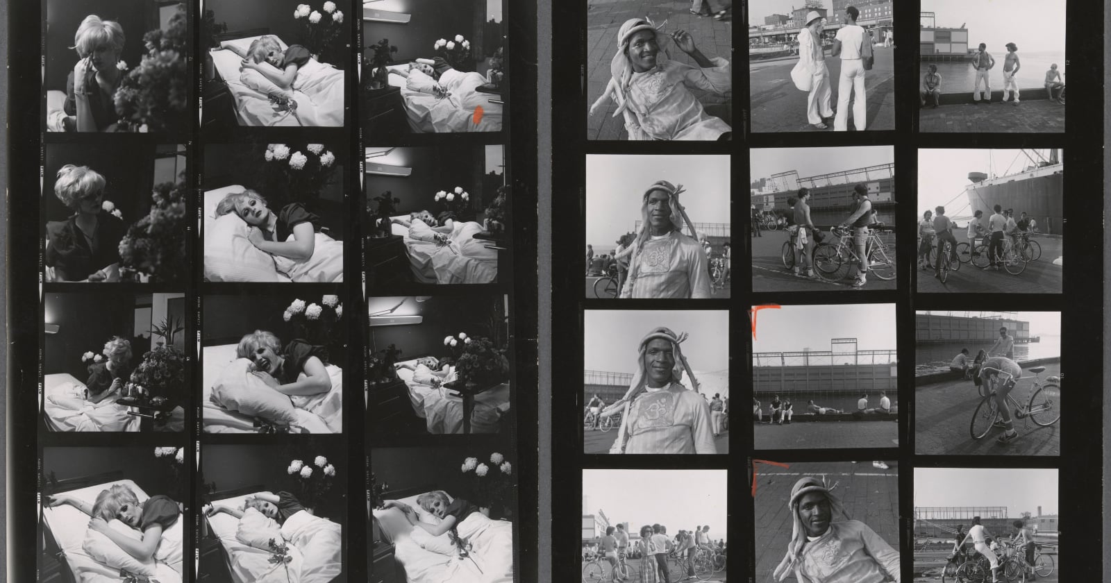 A black-and-white contact sheet shows a series of film stills. The left strip features a person resting in bed, sometimes smiling with flowers nearby. The right strip shows people outdoors, some with bicycles, and wearing costumes or uniforms.