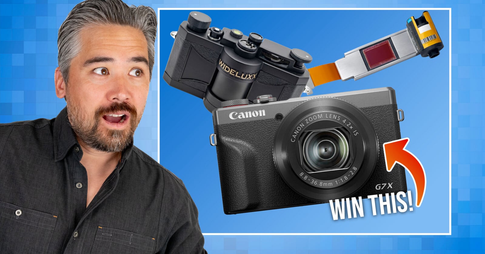 A surprised man looks at a Canon G7X camera with a "WIN THIS!" label, an exposed camera sensor, and a vintage Model Lux camera on a blue background.