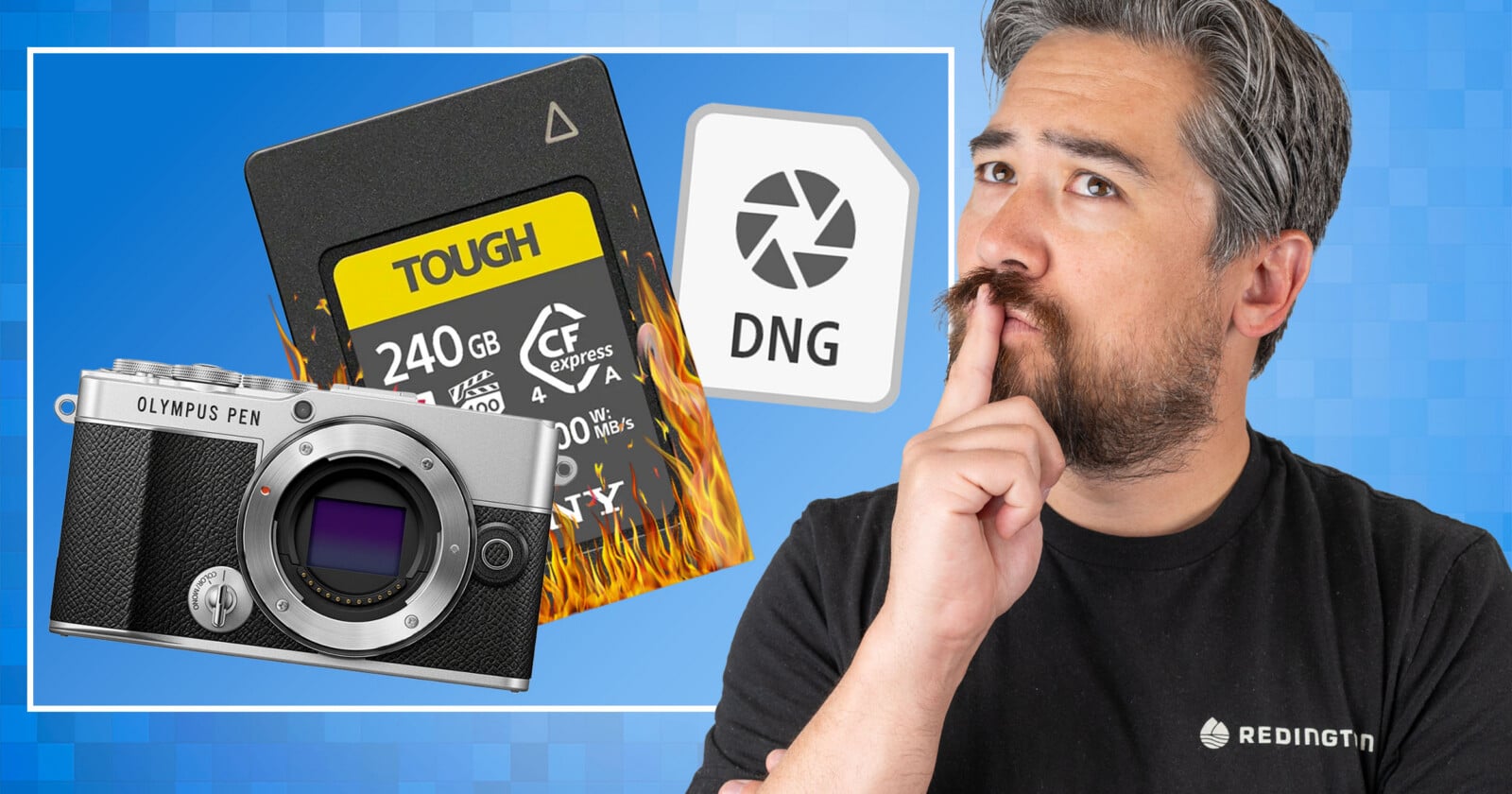 A man with a thoughtful expression holds his finger to his lips. Beside him are graphics of an Olympus PEN camera, a burning CFexpress memory card, and a DNG file icon on a blue background.
